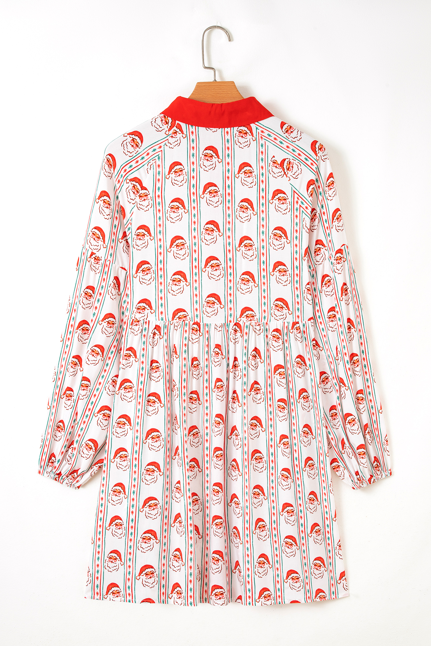 White Father Christmas Contrast Collar Button Front Long Sleeve A-line Mini Dress - loveforevers