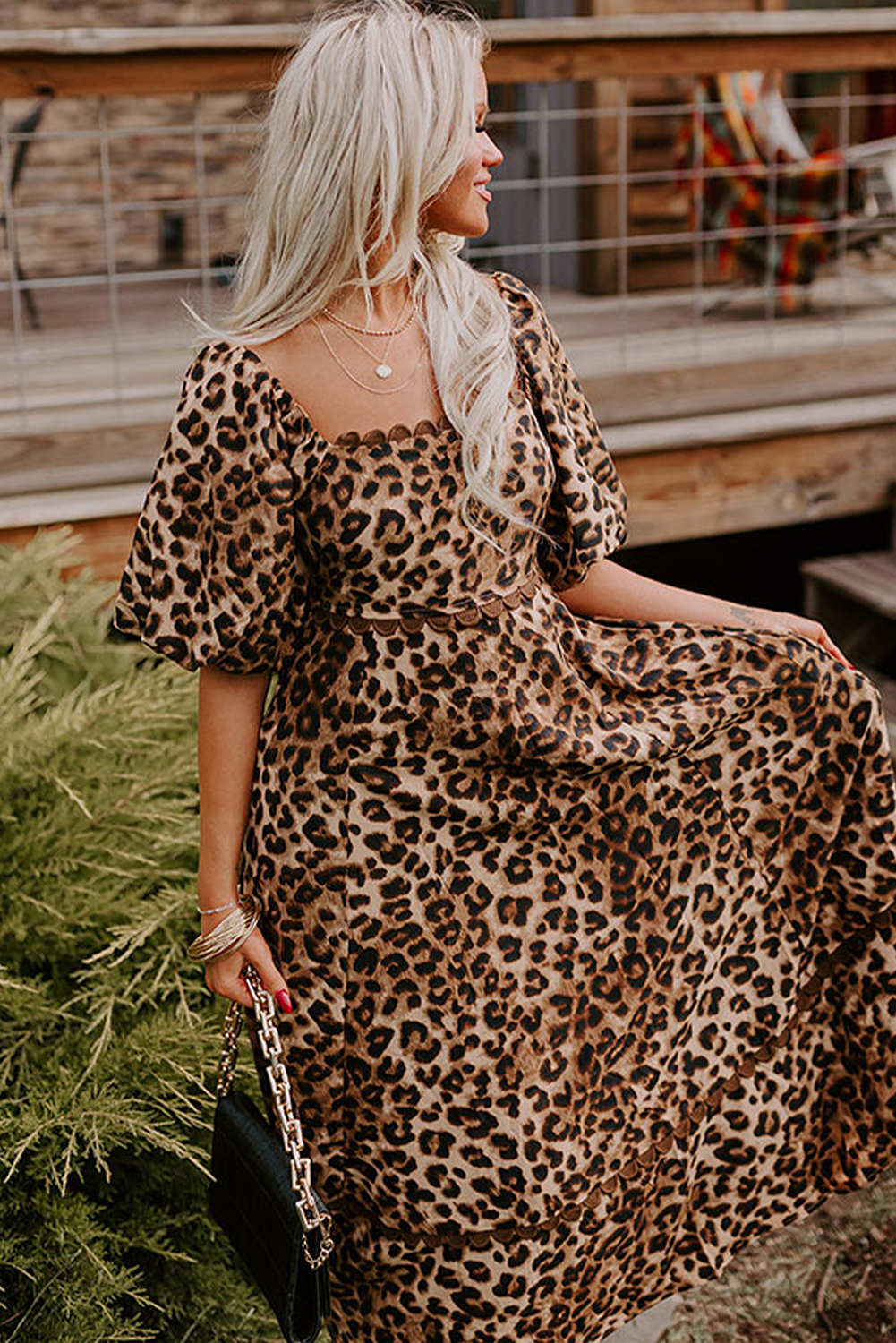 Brown Leopard Print Bubble Sleeve Square Neck Maxi Dress - loveforevers