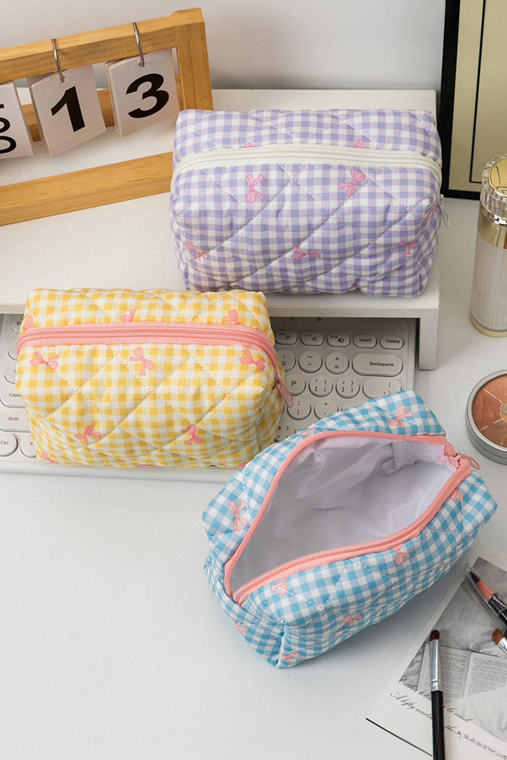 Pink Sweet Bow Knot Print Quilted Zipper Cosmetic Bag - loveforevers