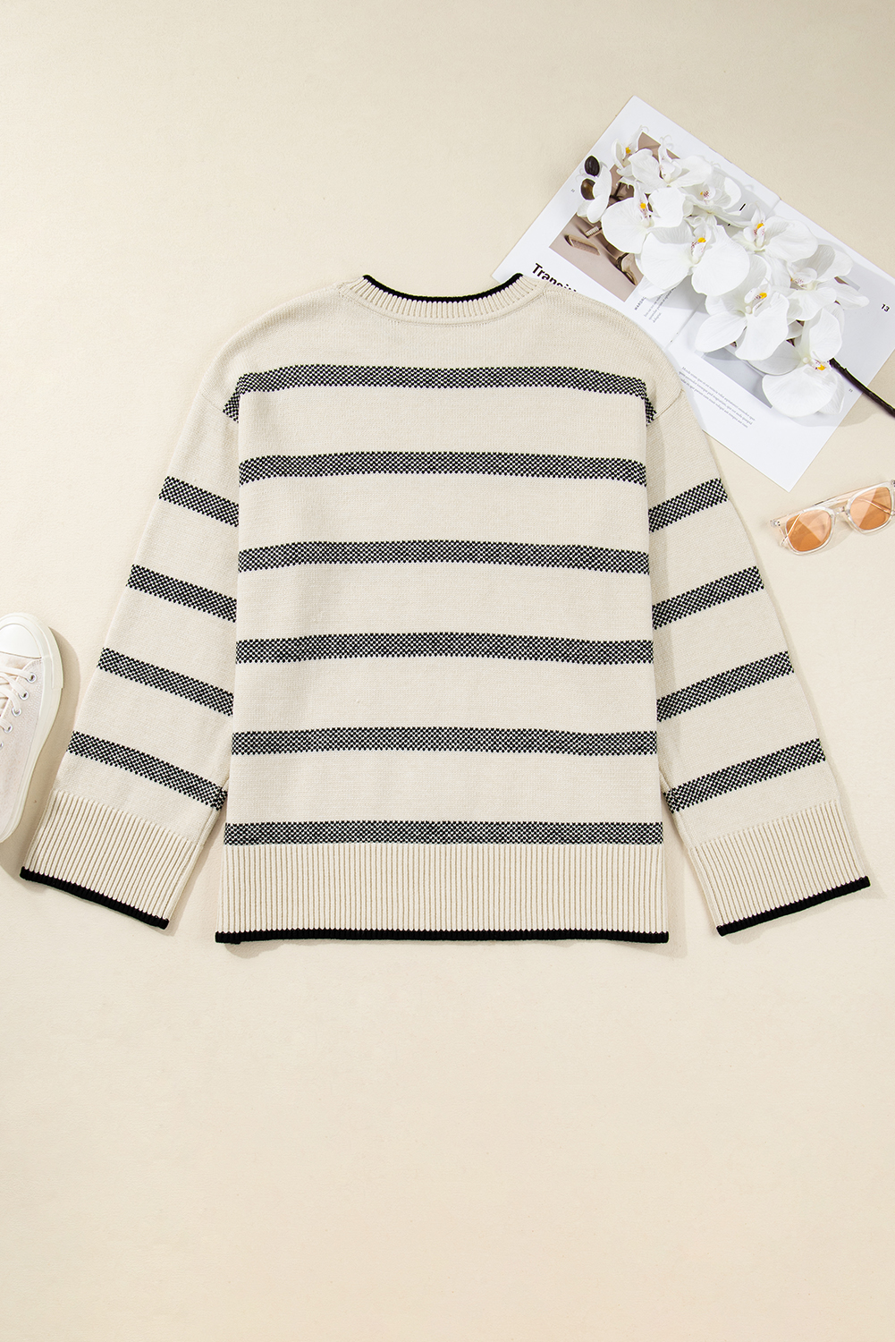 Apricot Stripe Wide Sleeve Drop Shoulder Crew Neck Plus Sweater - loveforevers