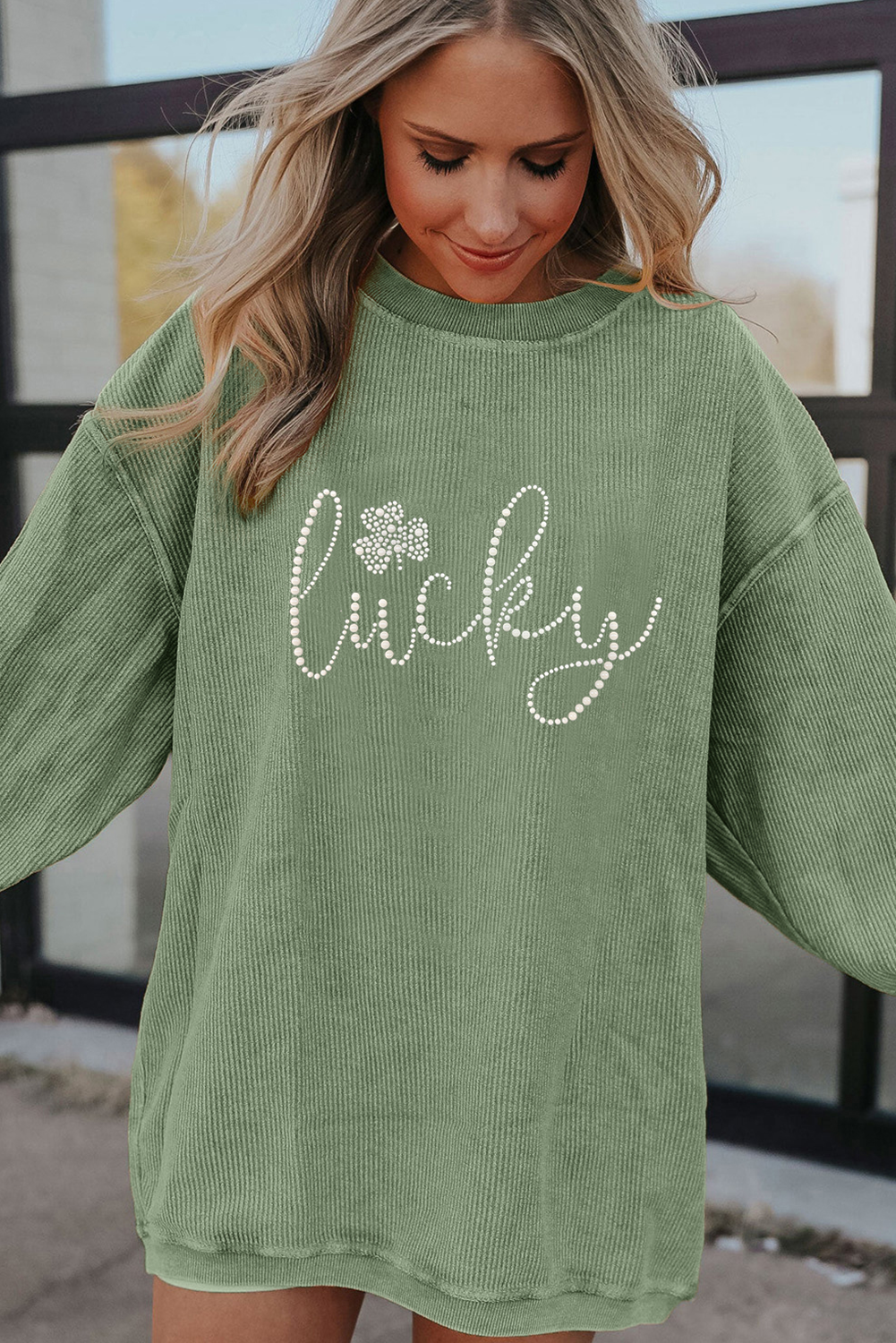 Grass Green Rhinestone lucky Clover Graphic Ribbed St Patrick Sweatshirt - loveforevers
