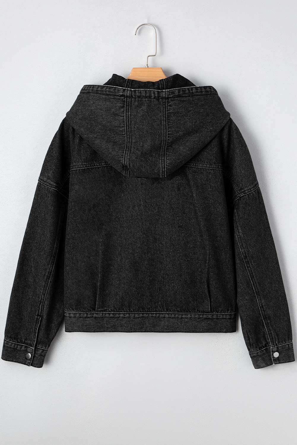 Black Big Chest Pocket Drop Shoulder Hooded Denim Jacket - loveforevers
