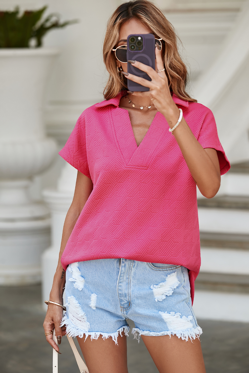 Rose Red Textured V Neck Collared Short Sleeve Top - loveforevers
