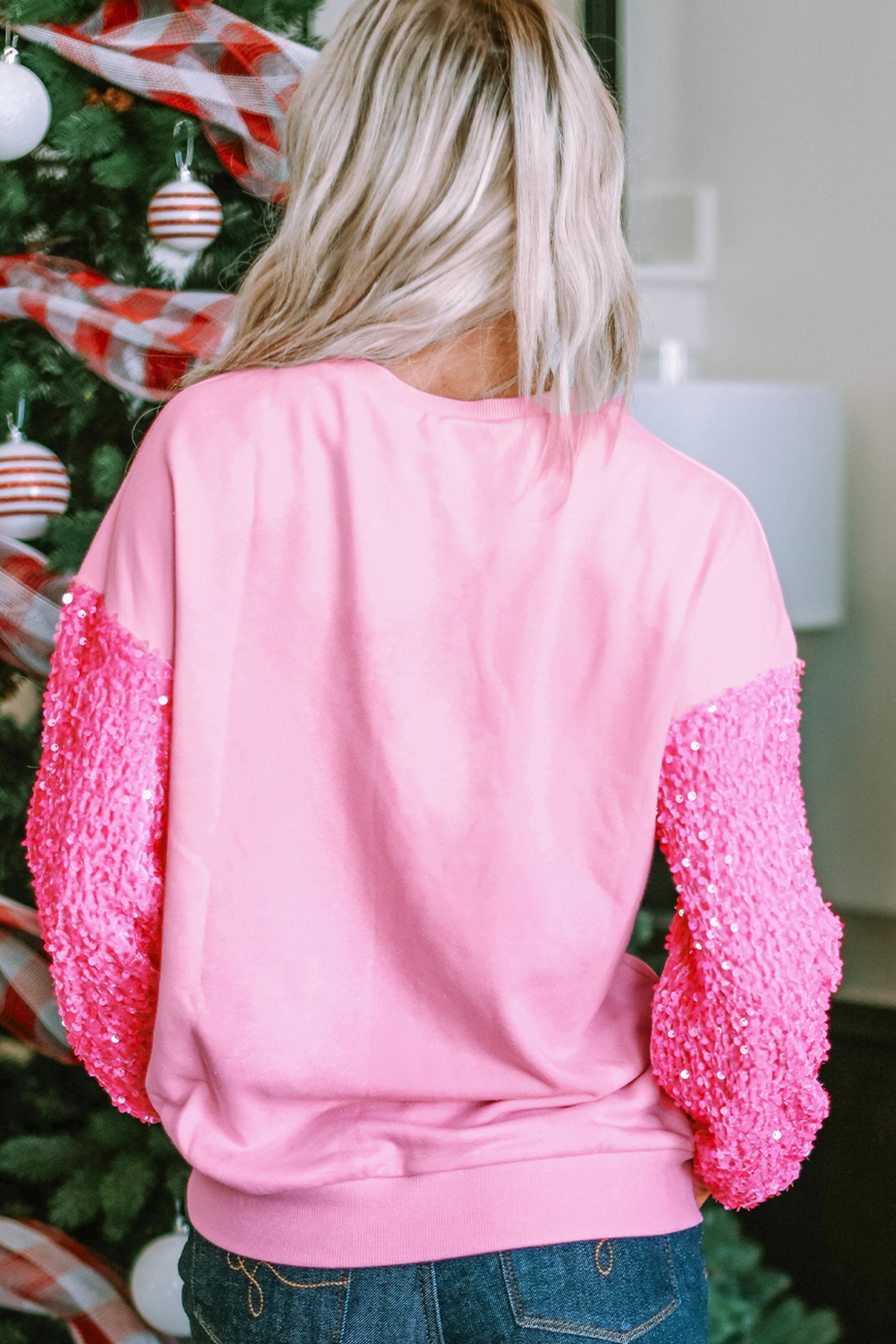 Pink Shiny Father Christmas Graphic Sequin Long Sleeve Top - loveforevers