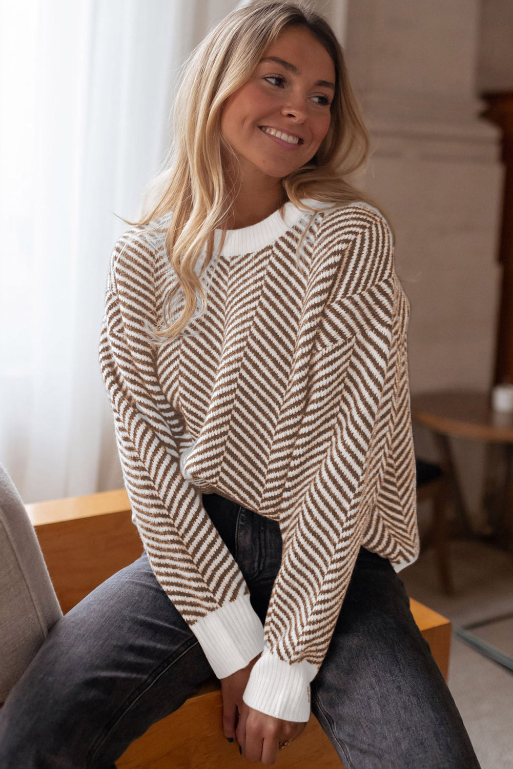 Coffee Contrast Edge Crew Neck Drop Shoulder Sweater - loveforevers