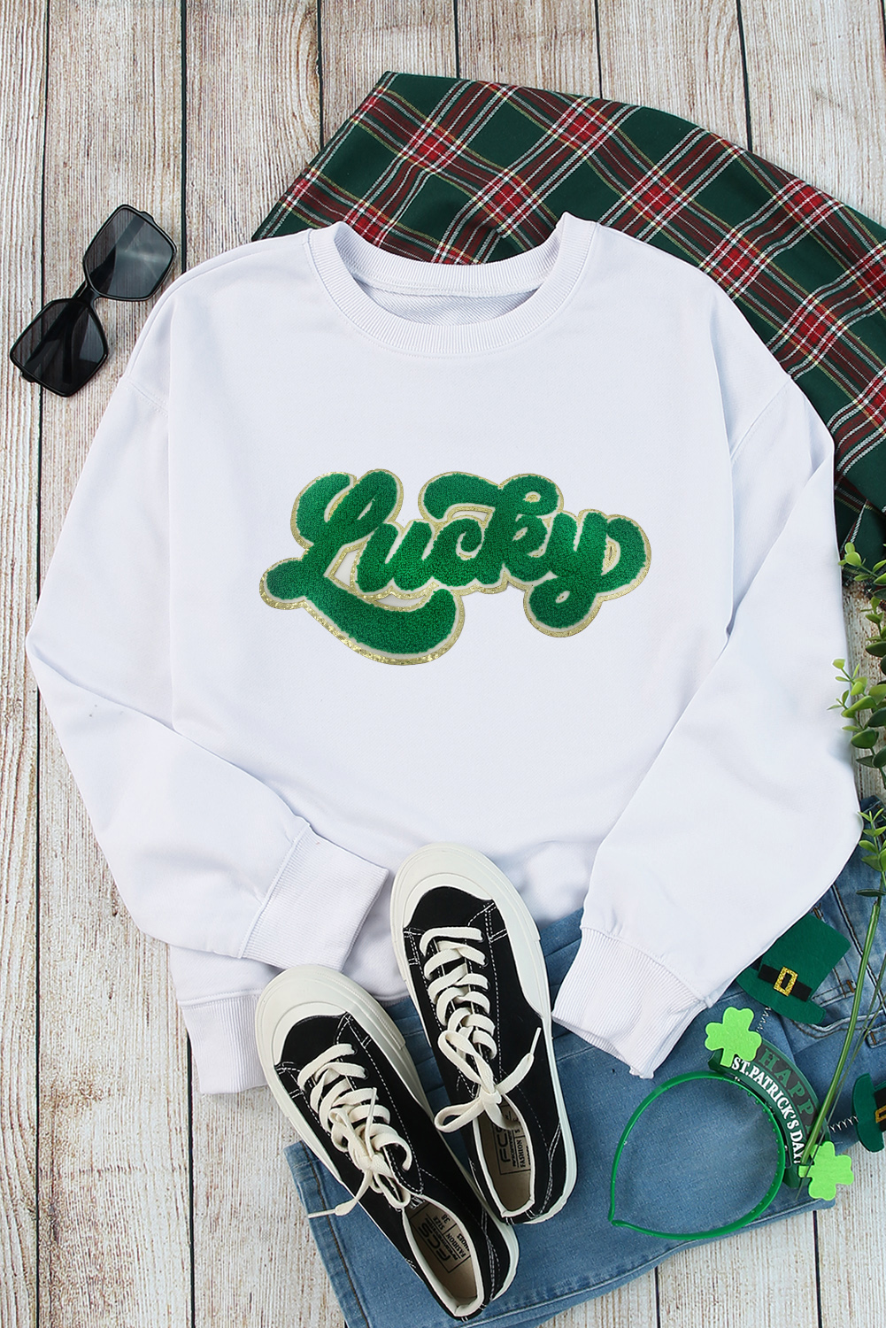 White Shiny Trim Chenille Lucky Pattern Sweatshirt - loveforevers