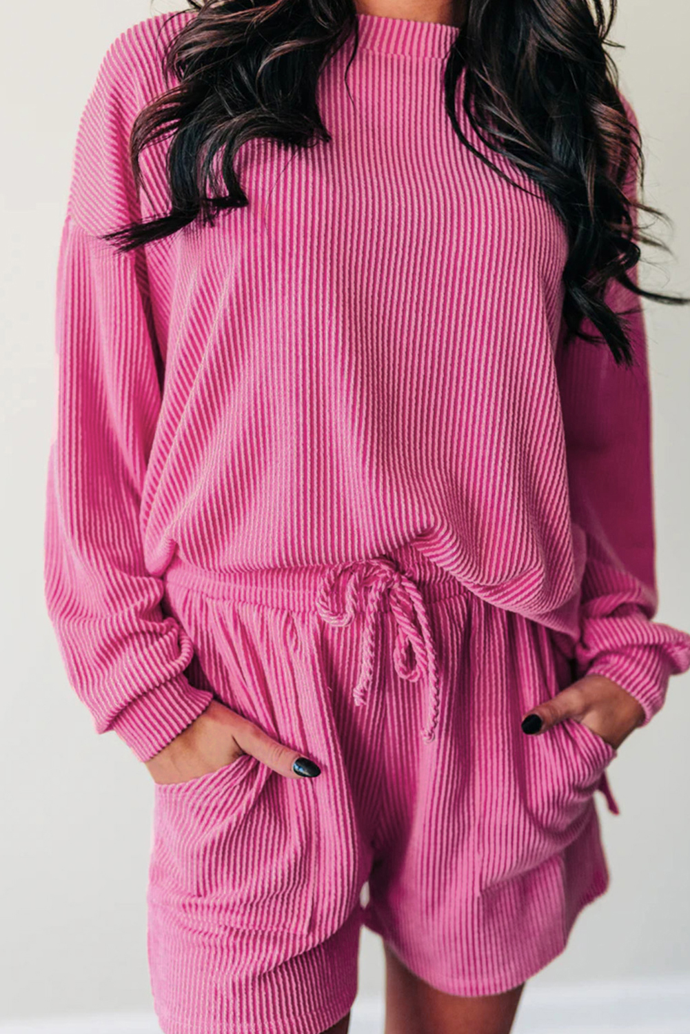Strawberry Pink Corded Textured Long Sleeve Top and Shorts Set - loveforevers
