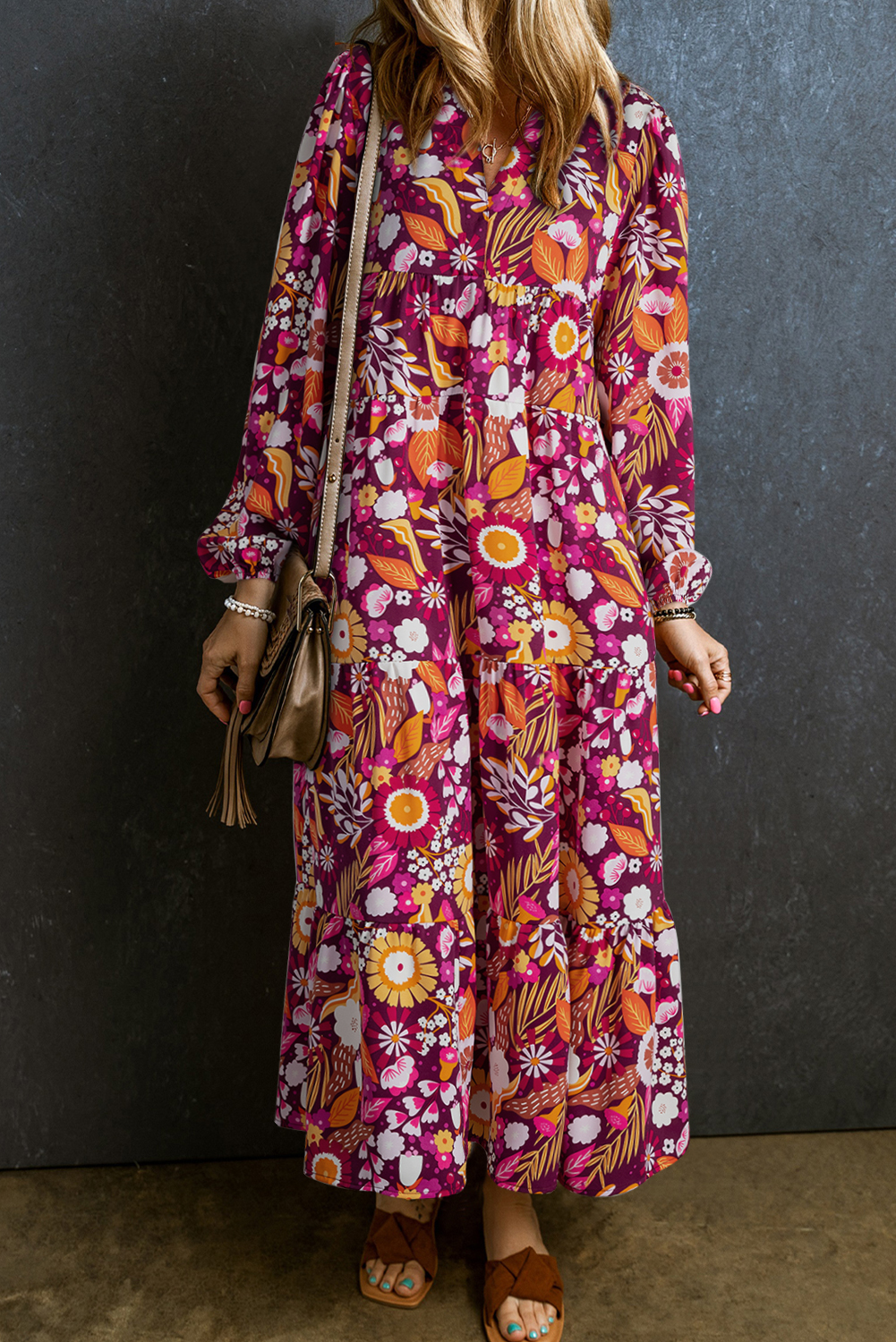 Purple Collared Tiered Flowy Long Dress - loveforevers