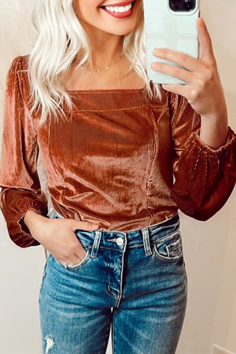 Clay Velvet Ribbed Texture Square Neck Slim Puff Sleeve Top - loveforevers