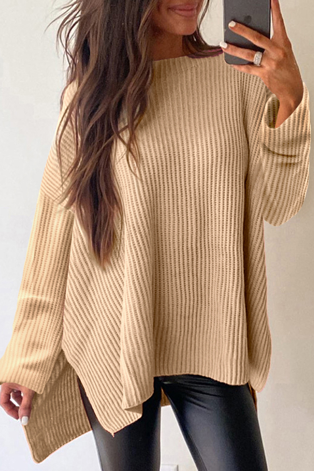 Apricot Cable Knit Drop Shoulder Side Slits Loose Sweater - loveforevers