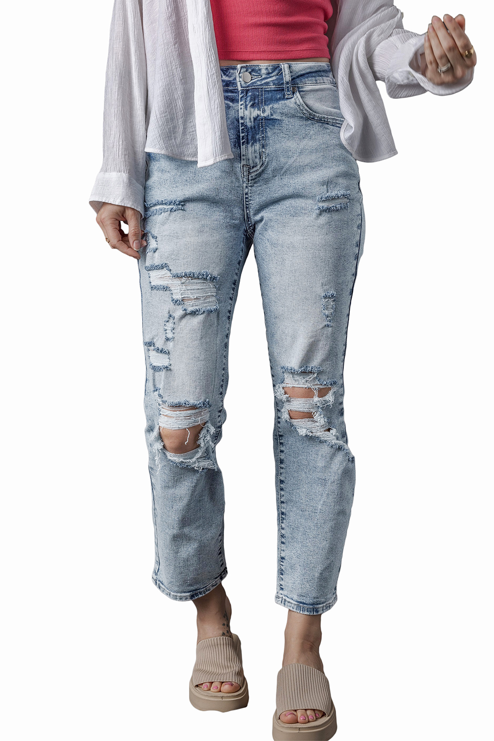 Sky Blue Light Wash Frayed Slim Fit High Waist Jeans - loveforevers
