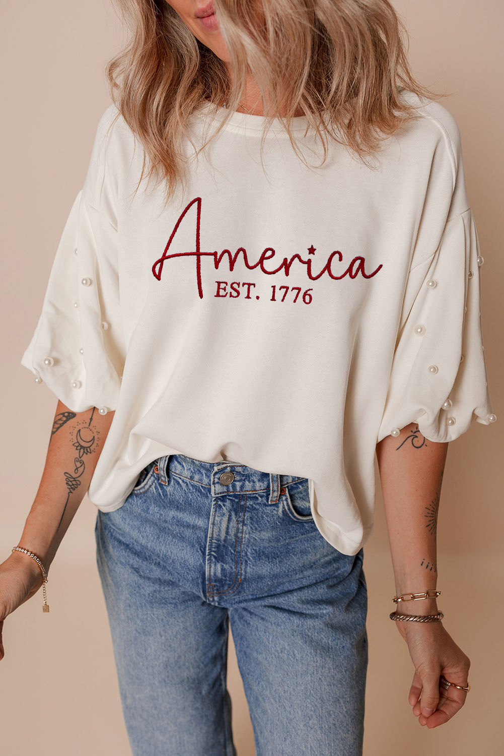 White America EST 1776 Embroidered Pearl Beaded Sleeve T Shirt - loveforevers