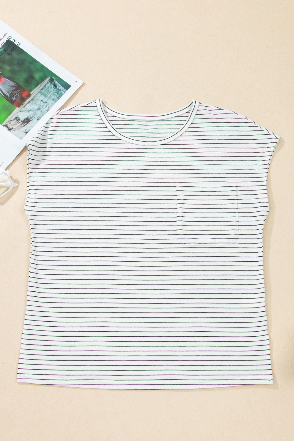 White Stripe Cap Sleeve Crew Neck Casual Tee with Chest Pocket - loveforevers