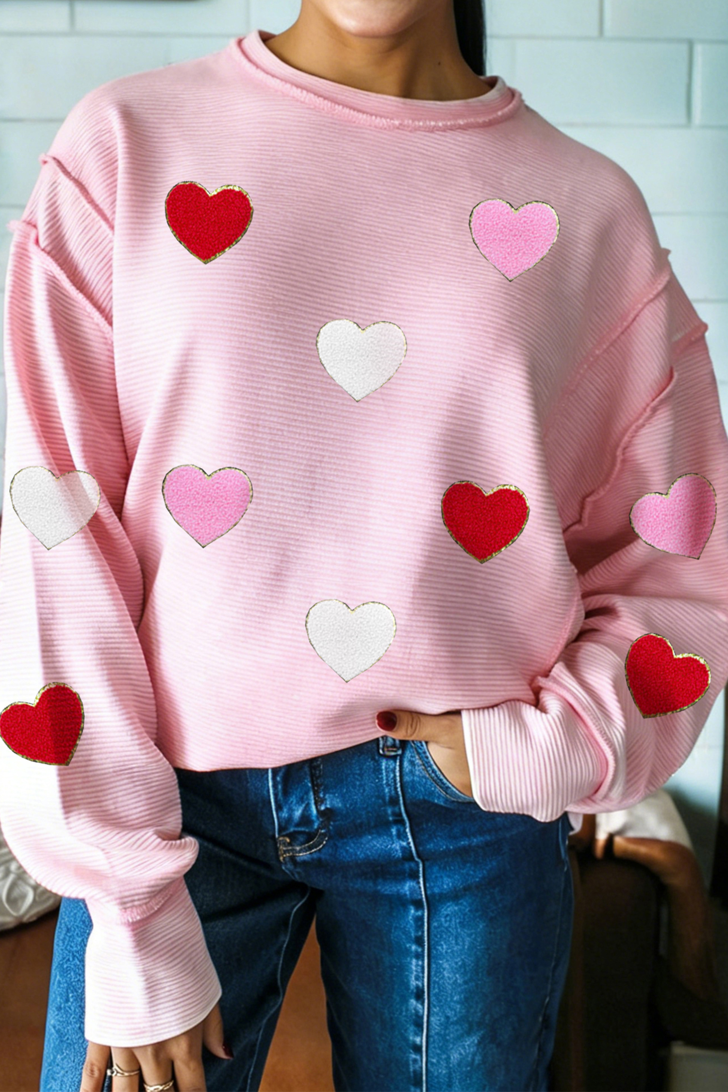 Pink Ribbed Texture Chenille Heart Glitter Trim Patched Long Sleeve Top - loveforevers