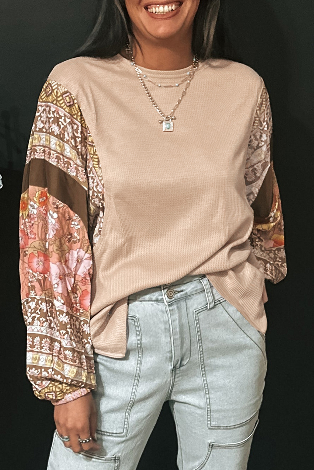Parchment Contrast Floral Patchwork Puff Sleeve Waffle Knit Top - loveforevers