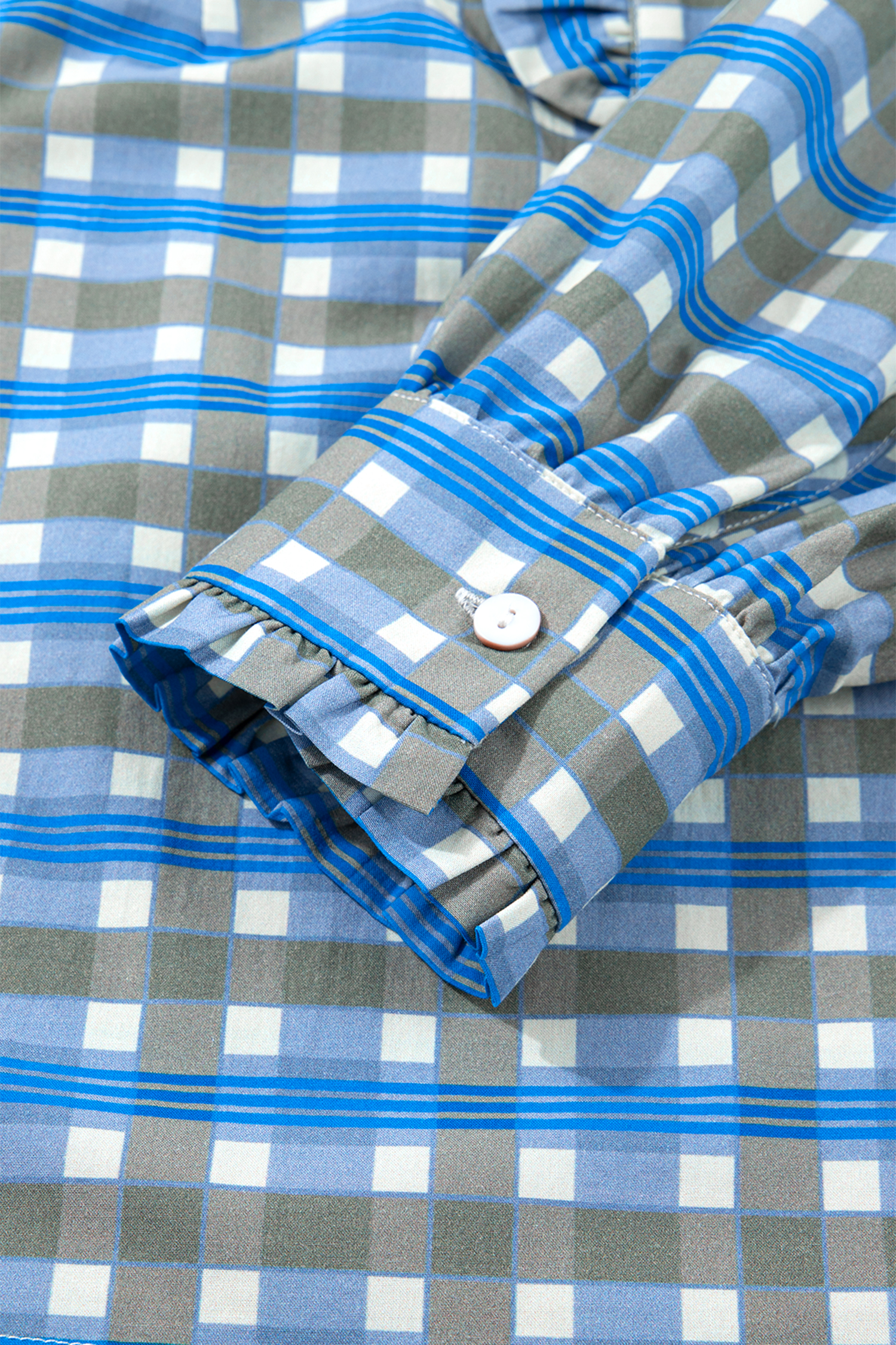 Sky Blue Plaid Long Sleeve Frilled Detail Half Button Blouse - loveforevers