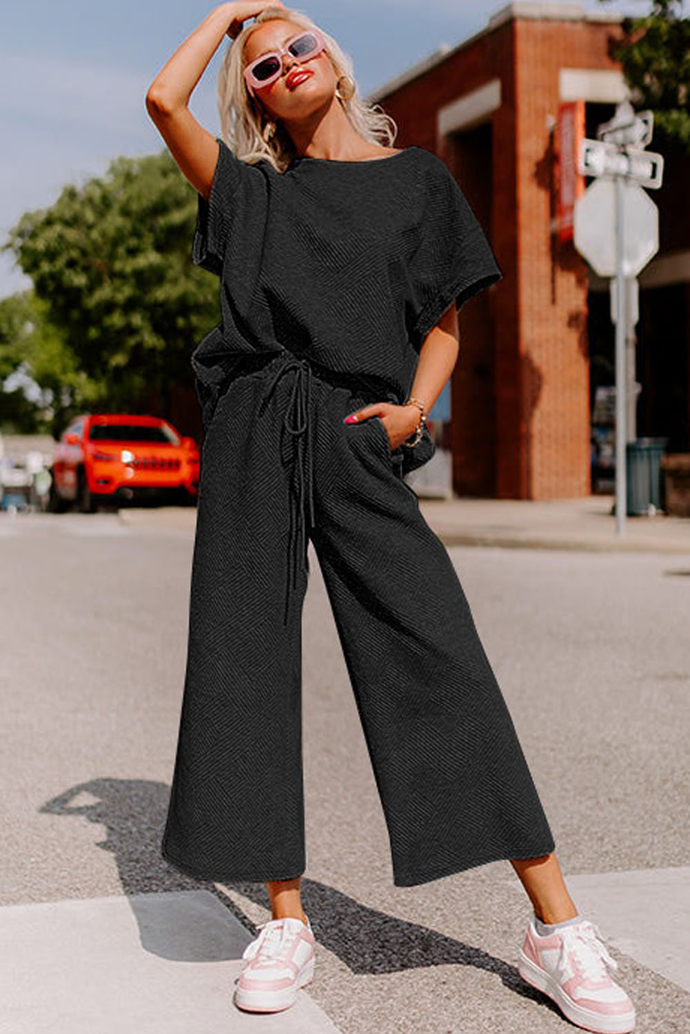 Dark Green Textured Loose Fit T Shirt and Drawstring Pants Set - loveforevers