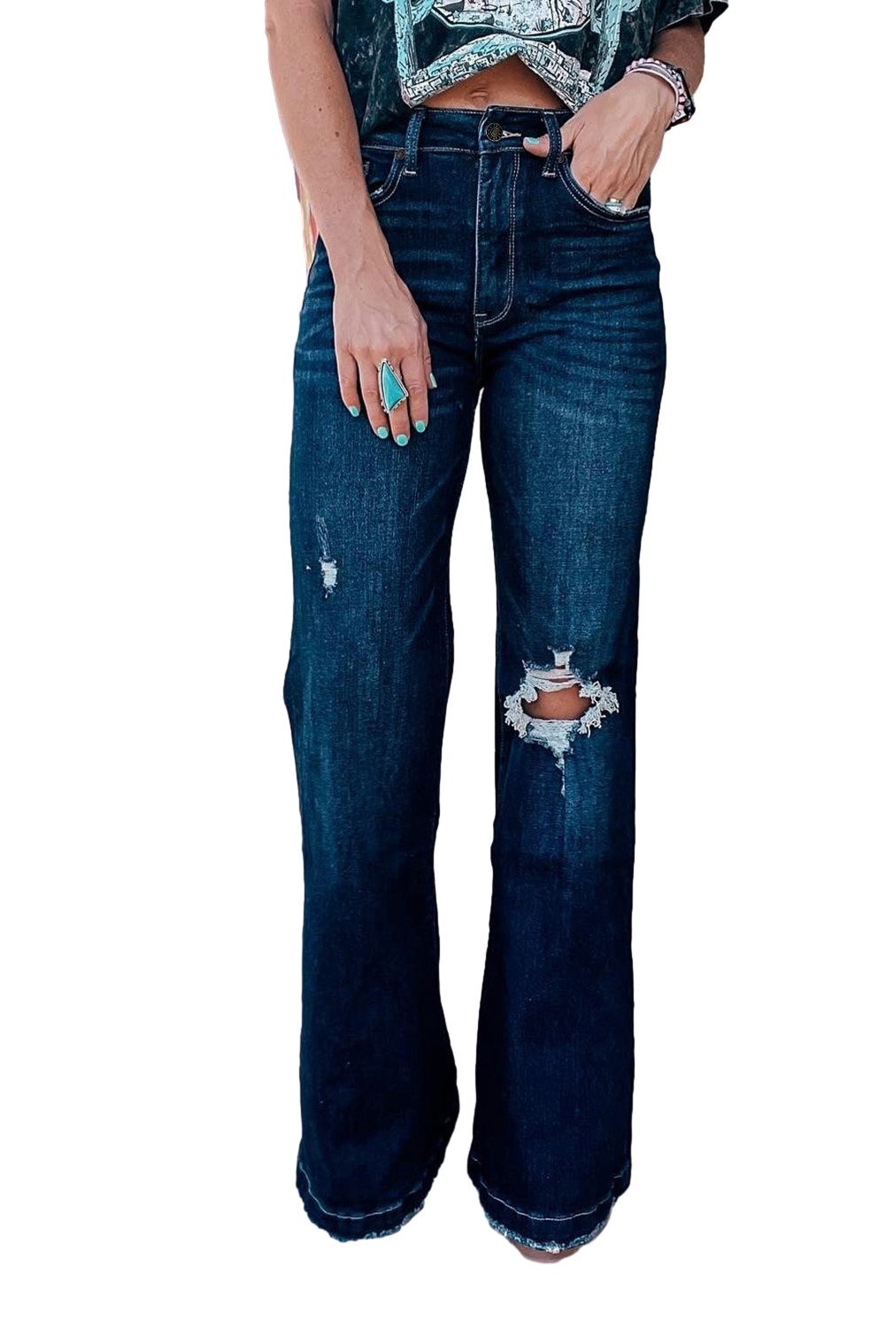Real Teal High Rise Ripped Bell Bottom Jeans - loveforevers