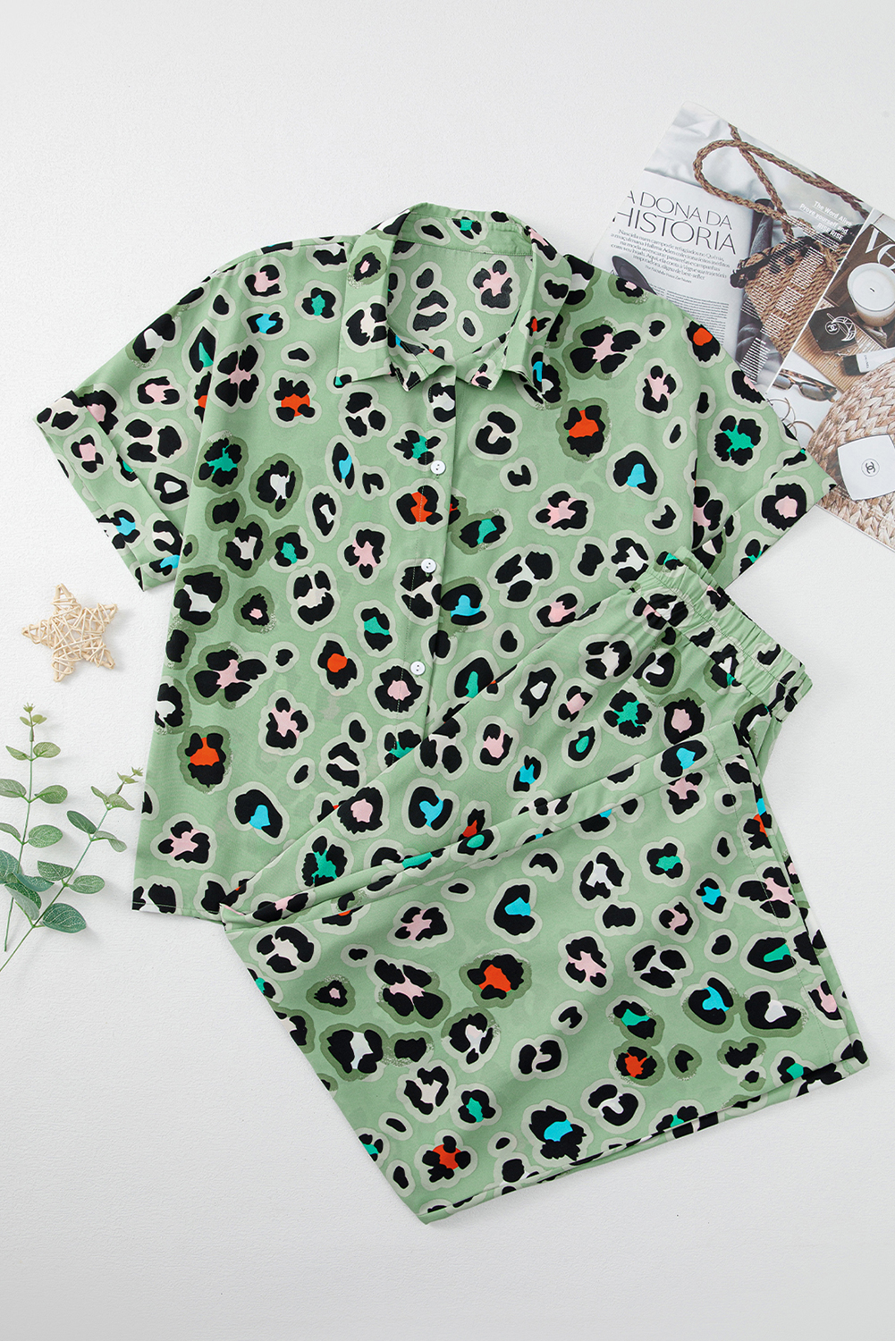 Green Leopard Print Short Sleeve Shirt and Wide Leg Pants Set - loveforevers