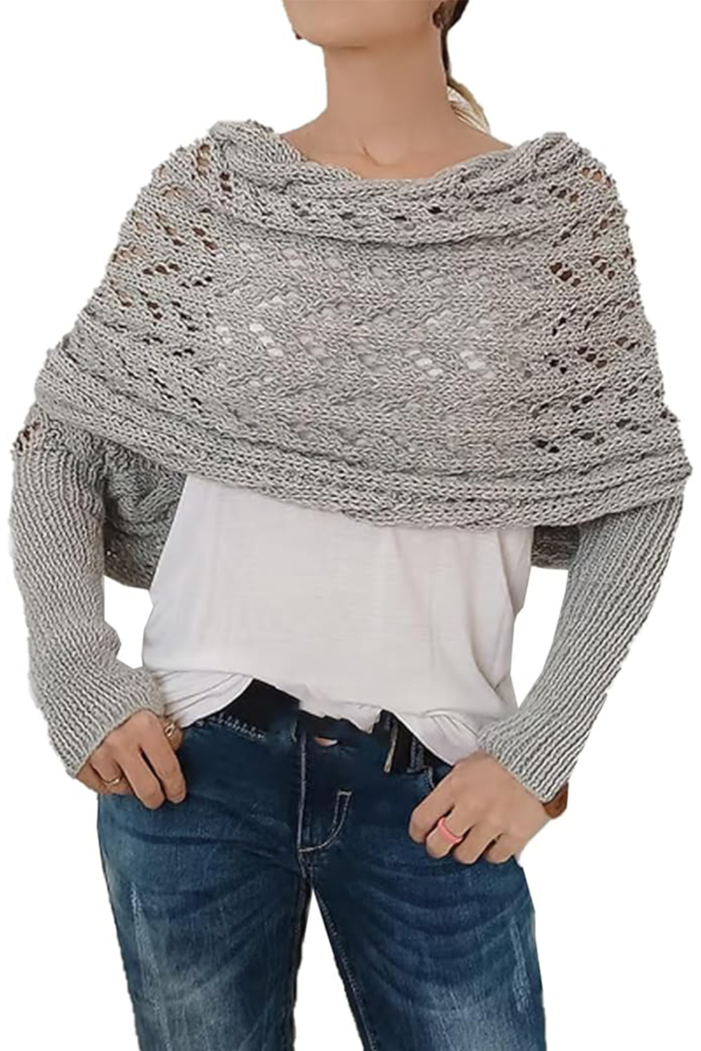 Gray Cross Detail Hollowed Knit Scarf with Sleeves - loveforevers