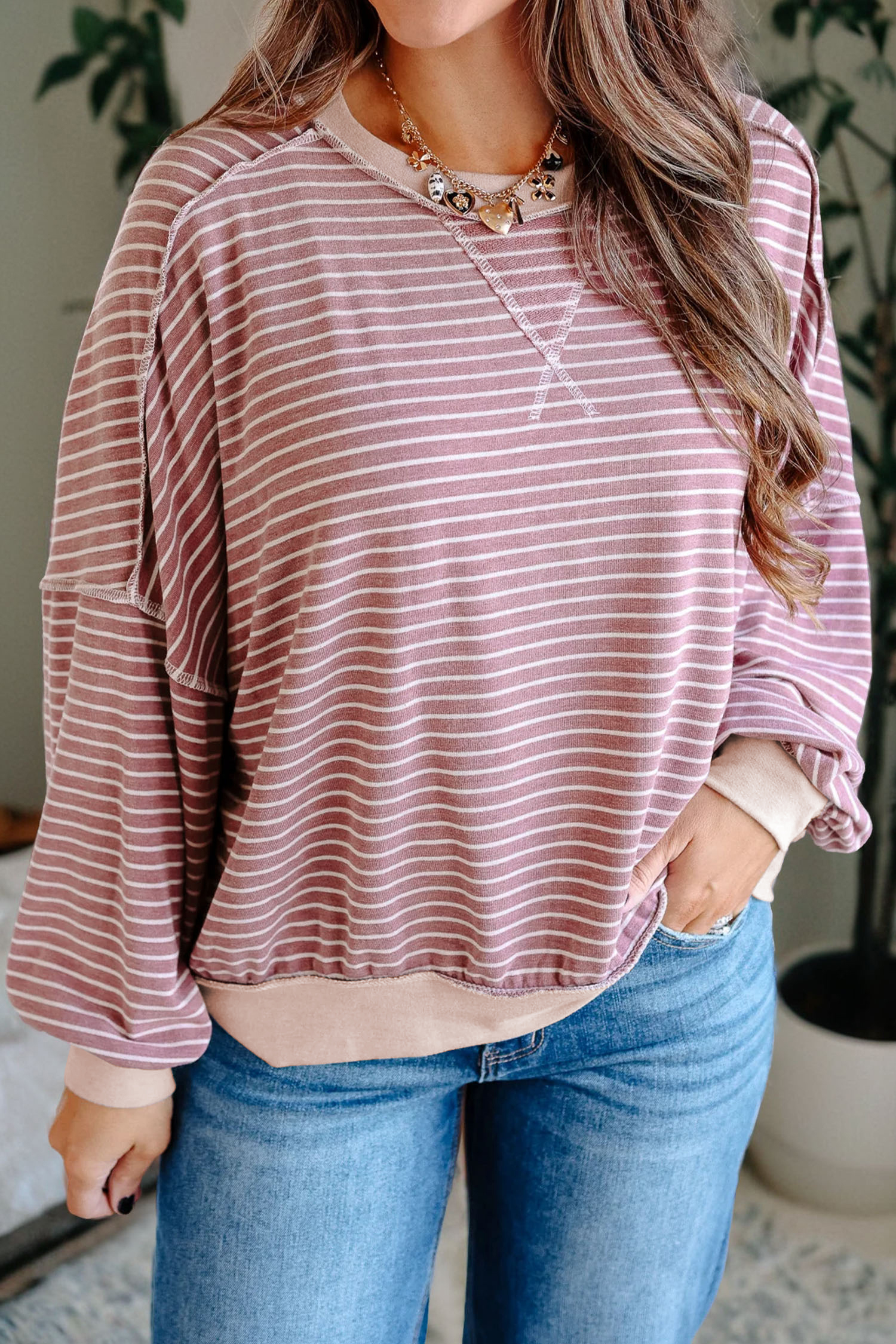 Pink Stripe Exposed Stitching Patchwork Casual Long Sleeve Top - loveforevers