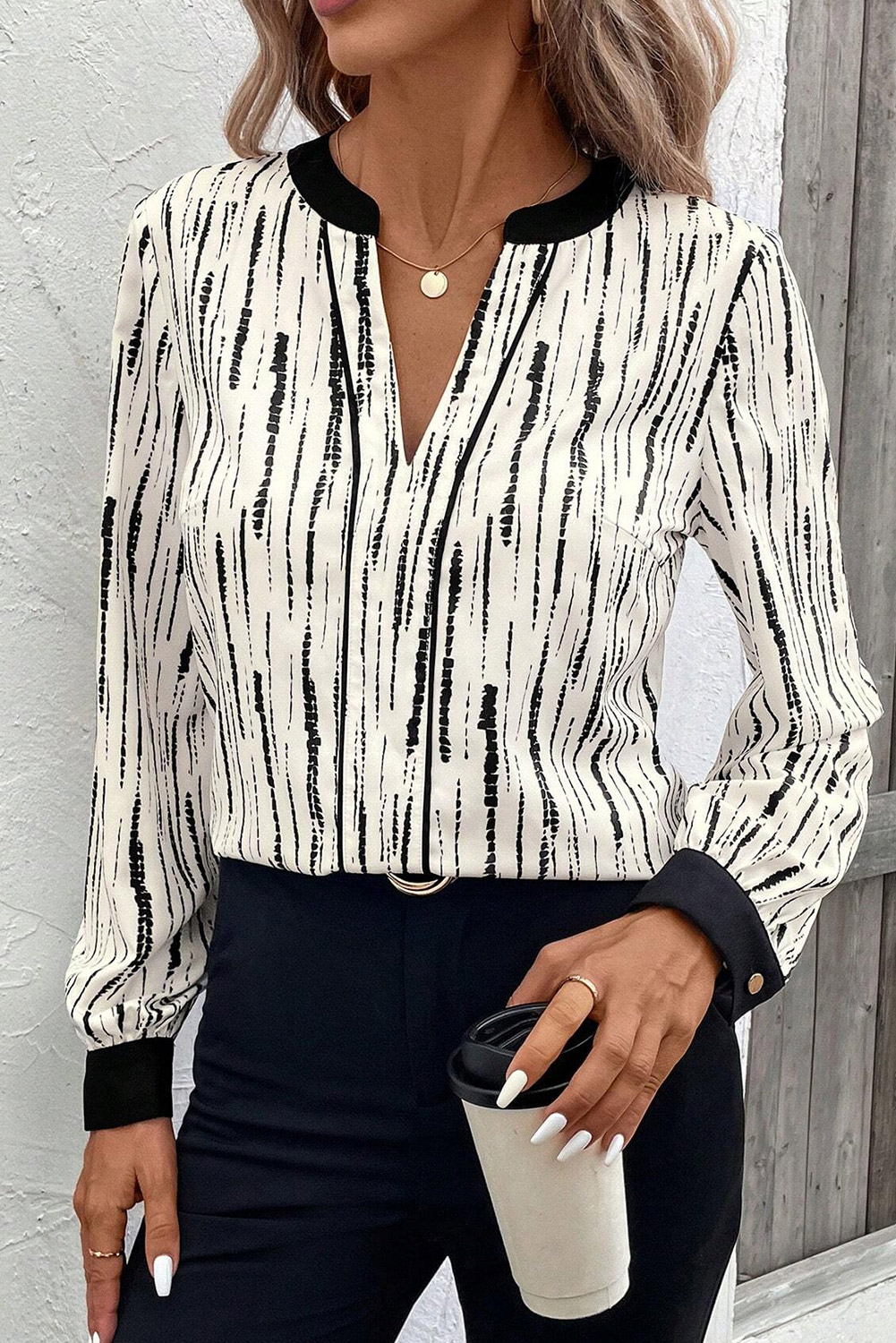 White Abstract Printed V Neck Fall Blouse - loveforevers