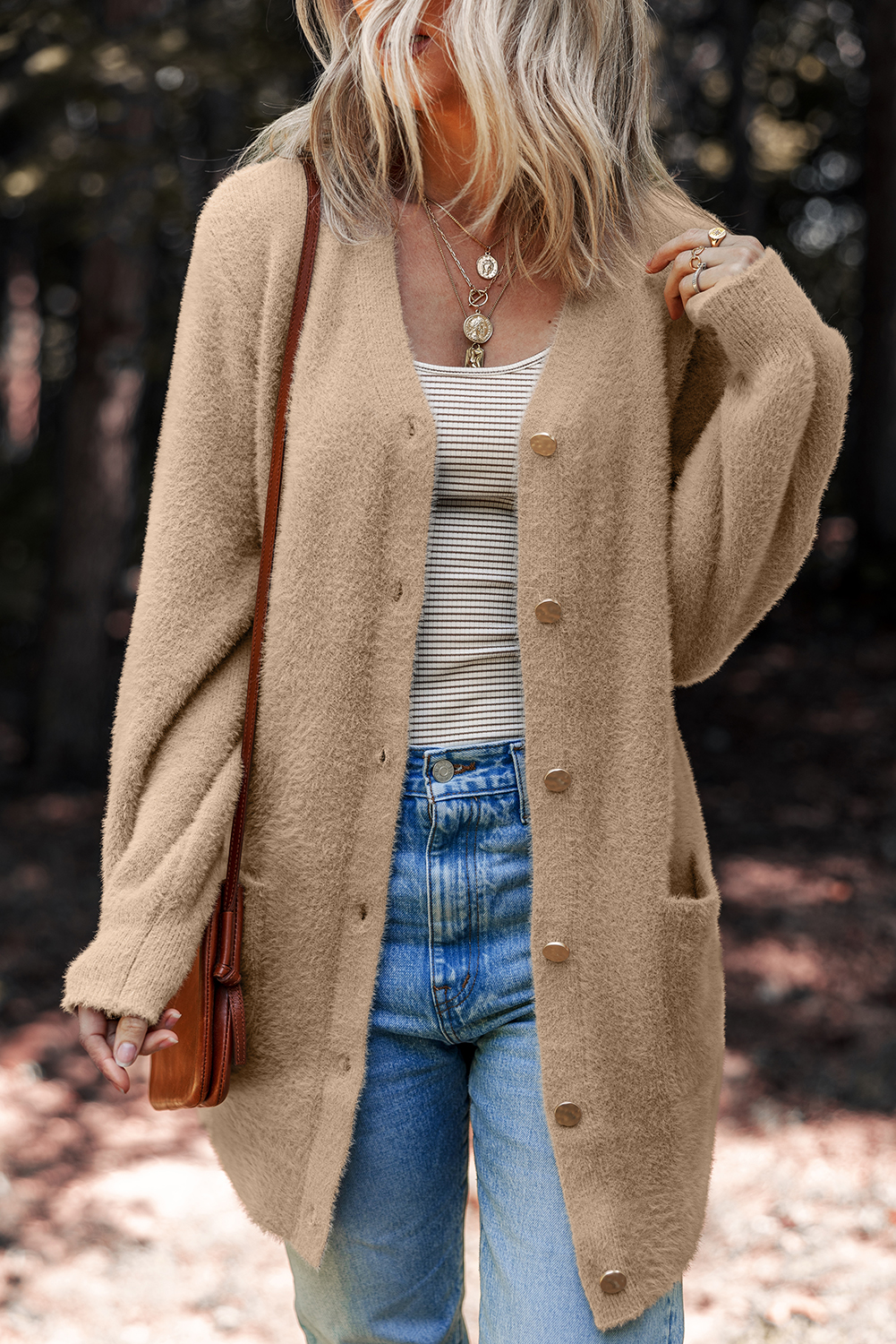 White Fuzzy Buttoned Front Midi Solid Cardigan - loveforevers