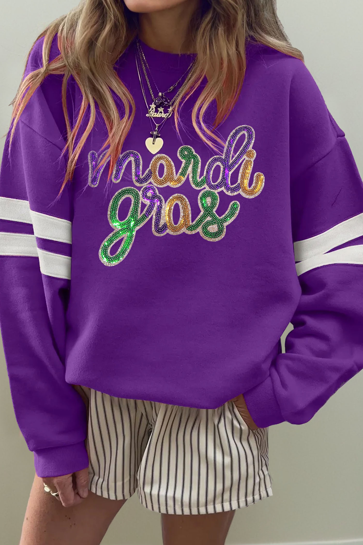 Black Sequin Mardi Crown Dropped Shoulder Varsity Sweatshirt - loveforevers