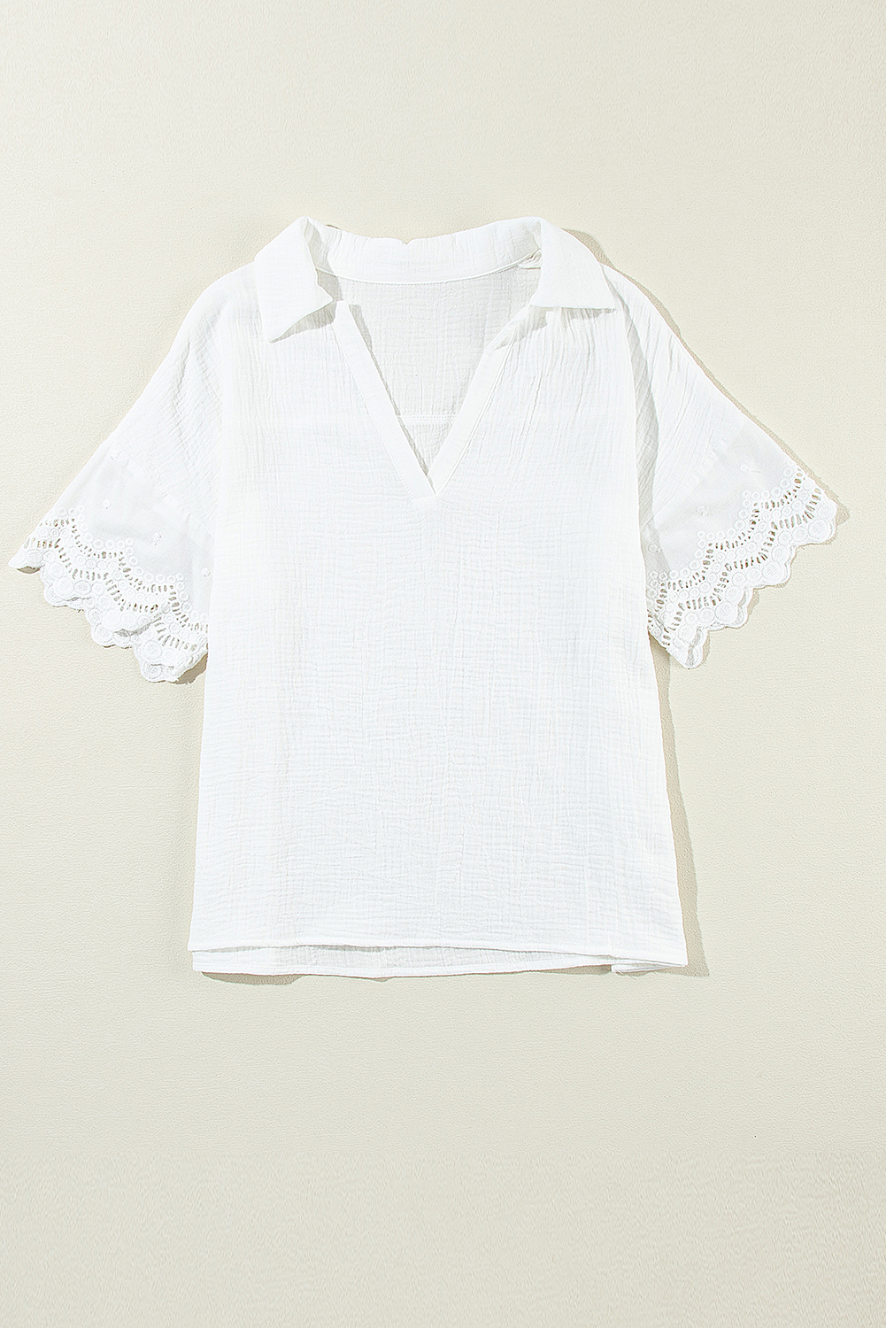 White Crinkled Lace Splicing Sleeve Collared V Neck Blouse - loveforevers
