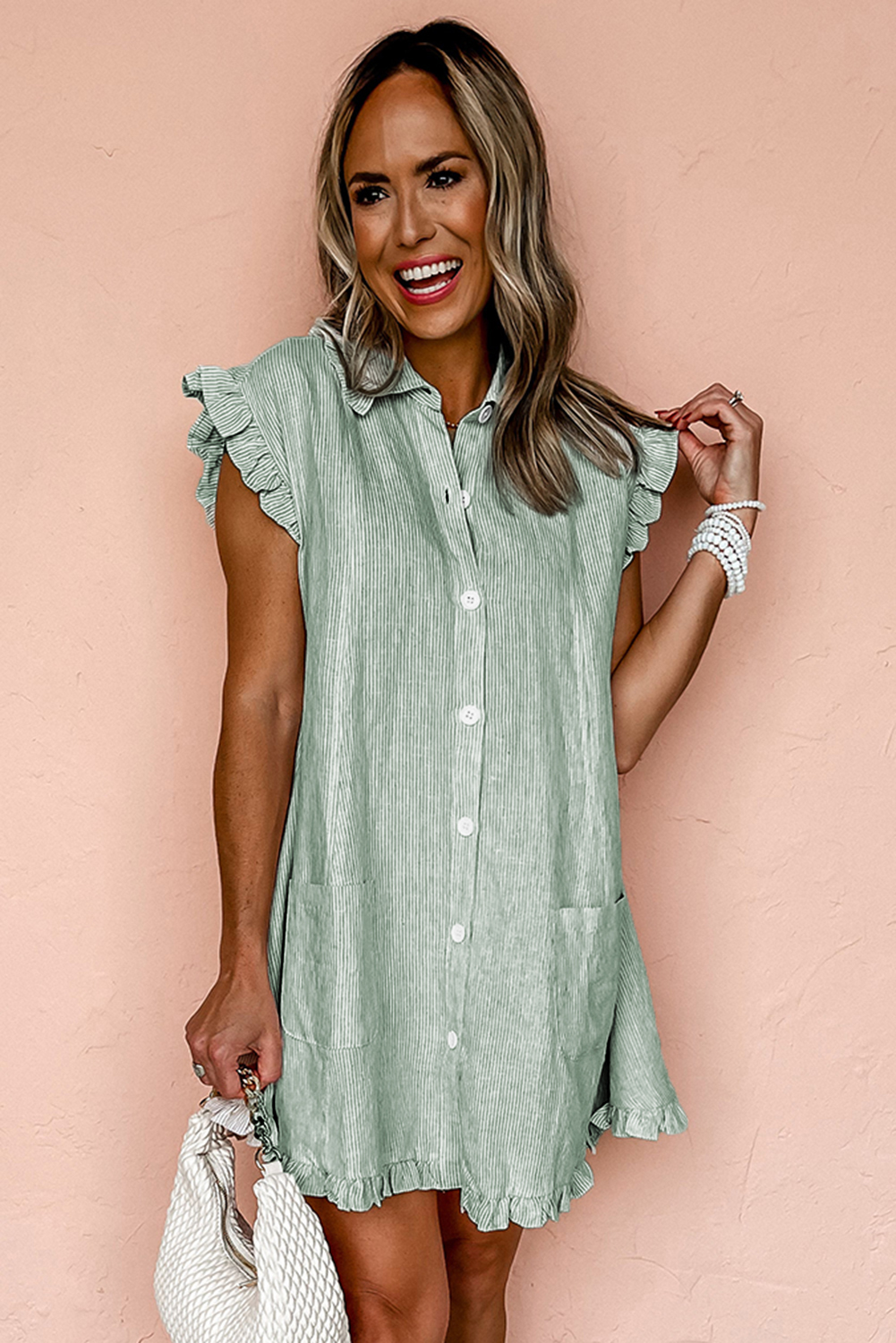 Green Stripe Frilled Sleeveless Collar Front Pocket Button Up Mini Dress - loveforevers