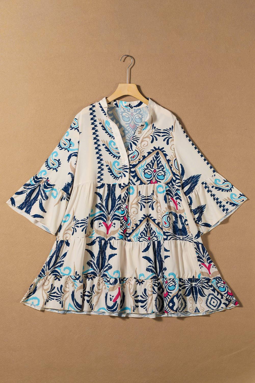 White Printed Tribal Bracelet Sleeve Buttoned Mini Dress - loveforevers