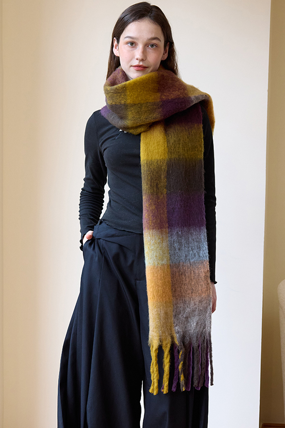 Beige Plaid Ombre Tasseled Fleece Shawl Scarf - loveforevers