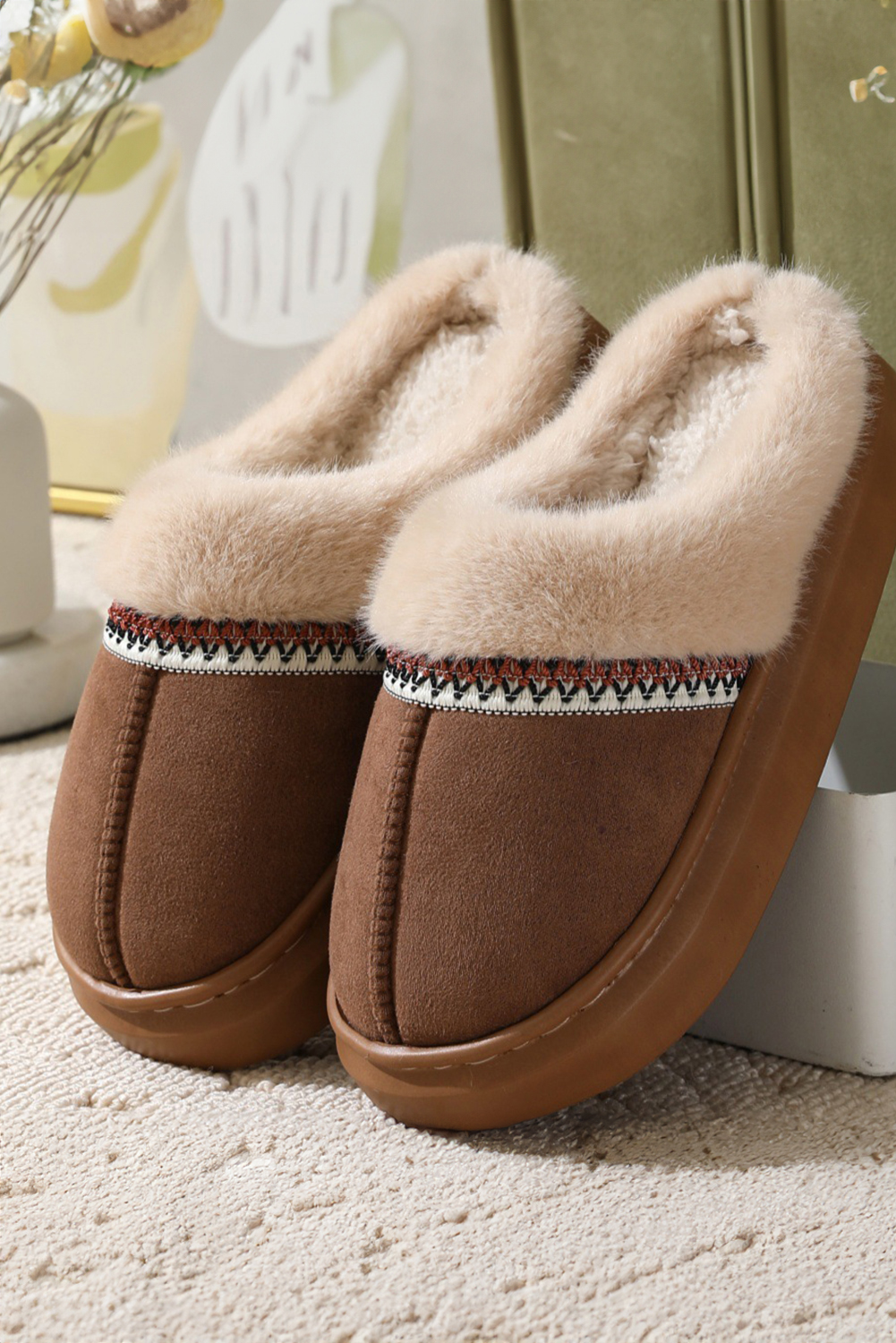 Coffee Western Woven Detail Faux Suede Furry Home Slippers - loveforevers