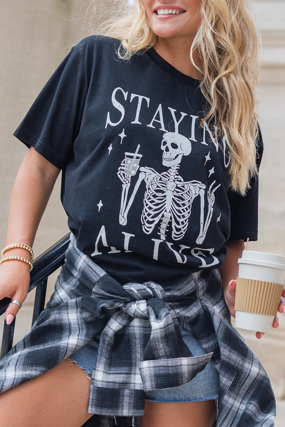 Black STAYING ALIVE Funny Skeleton Print Round Neck T Shirt - loveforevers