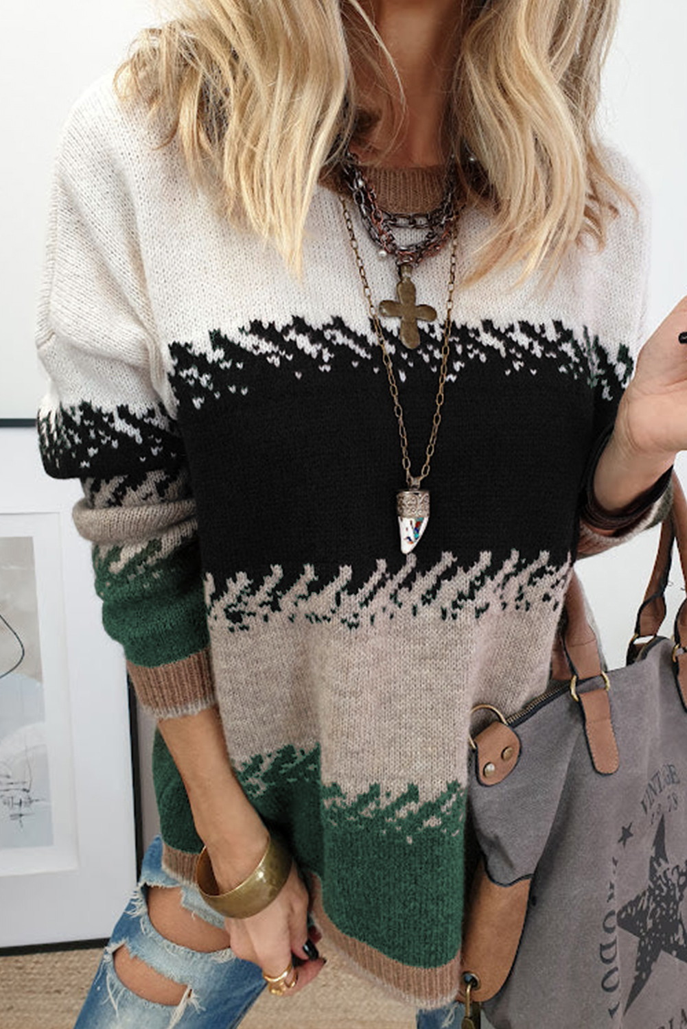 Black Stylish Color Block Pattern Drop Shoulder Sweater - loveforevers