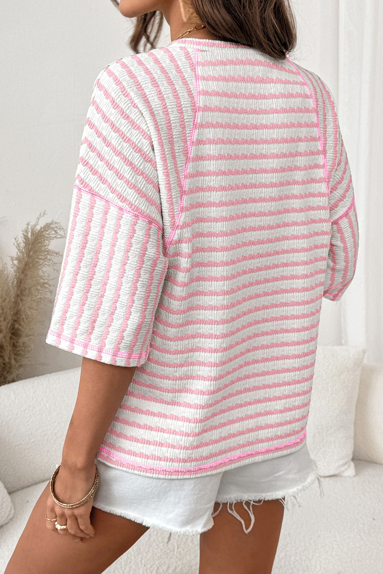 Pink Stripe Textured Knit Split Hem Half Sleeve Loose Top - loveforevers