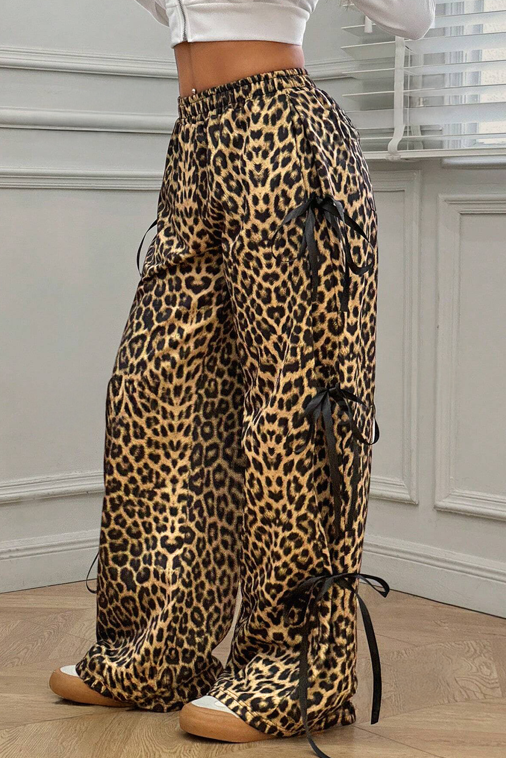 Brown Leopard Print Bow Tie Elastic Waistband Loose High Waist Pants - loveforevers