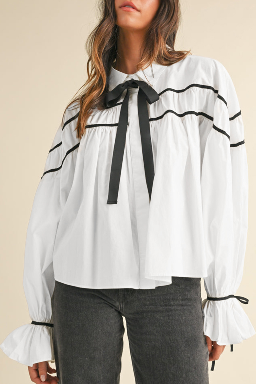 White Black Pipping Ribbon Bowtie Collared Ruffled Puff Sleeve Shirt - loveforevers