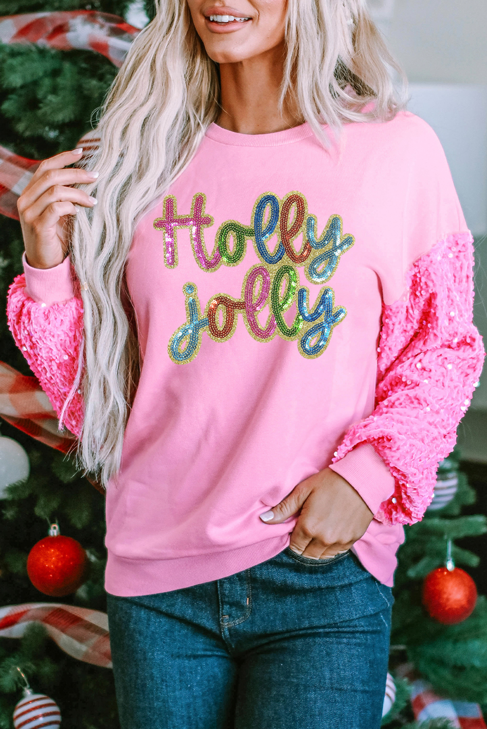 Pink Holly Jolly Sequin Letter Graphic Drop Shoulder Patchwork Long Sleeve Top - loveforevers