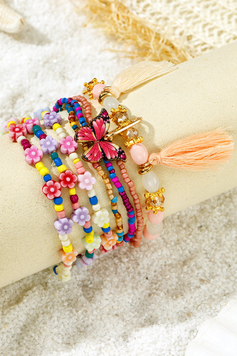 Peach Blossom 7pcs Handmade Beaded Bohemian Style Butterfly Tassel Bracelet Set - loveforevers