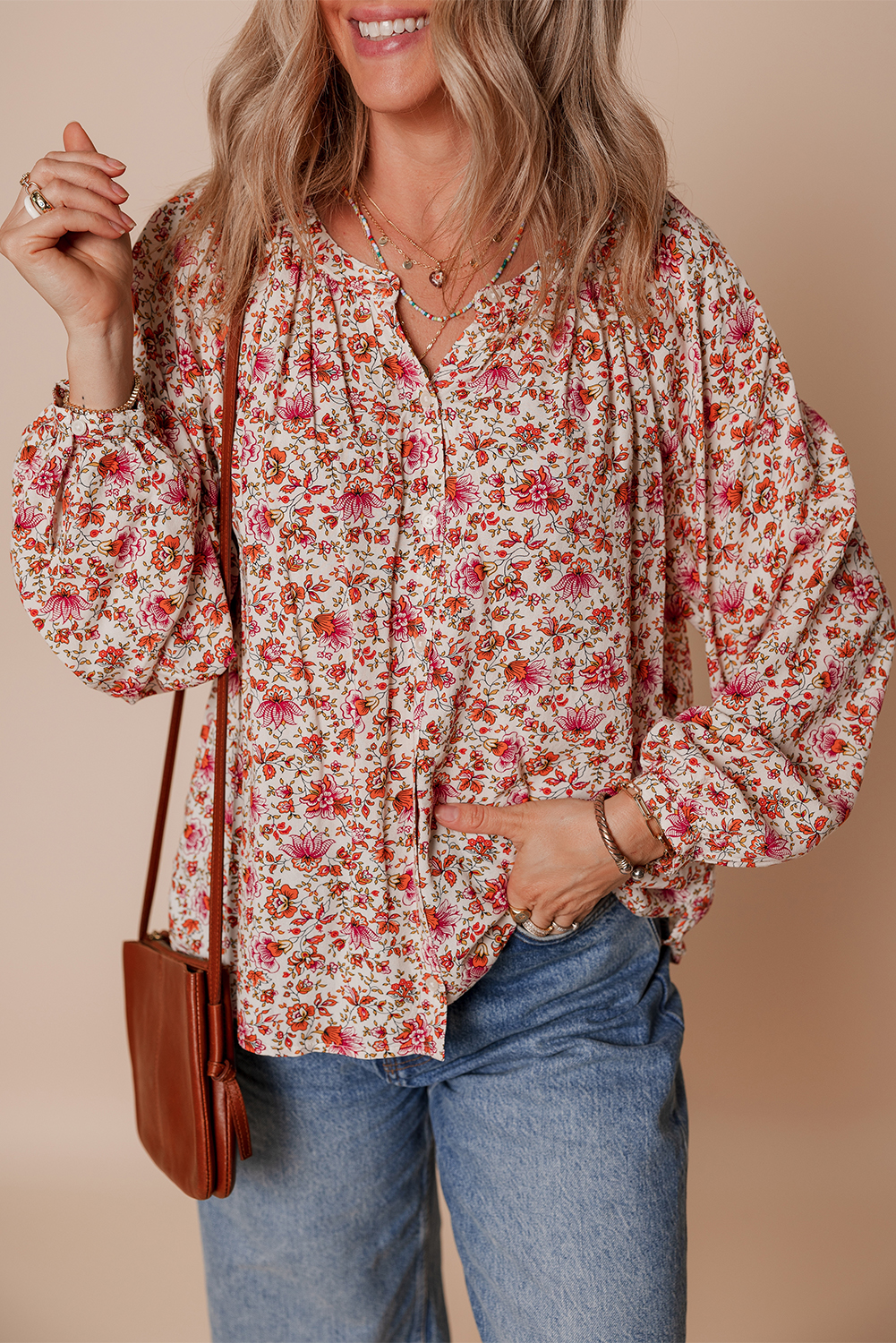 Red Floral Print Pleated Detail Notched Neck Puff Sleeve Blouse - loveforevers