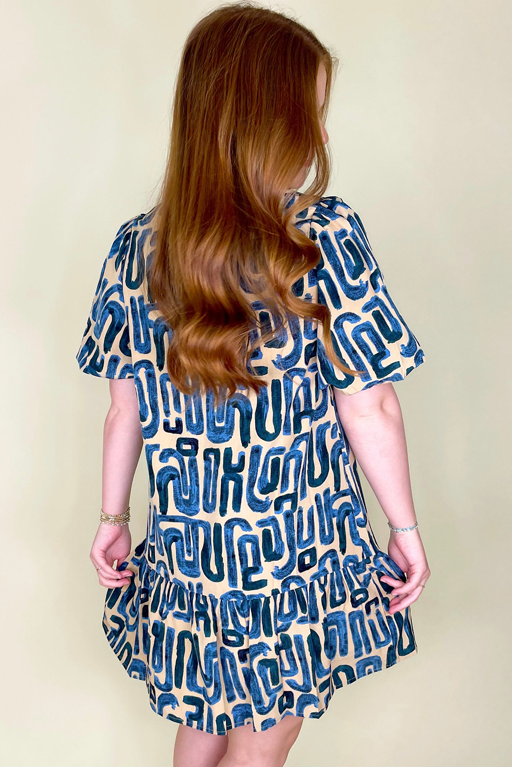 Beige Abstract Print Bubble Sleeve Button up Mini Dress - loveforevers