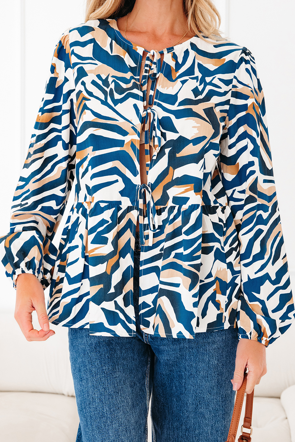 Blue Zebra Print Tied Front Puff Sleeve Top - loveforevers