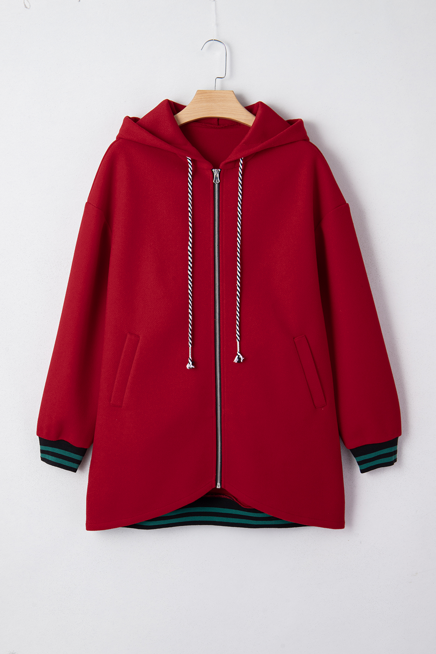 Racing Red Contrast Cuffed Drop Shoulder Zip up Tunic Hoodie - loveforevers
