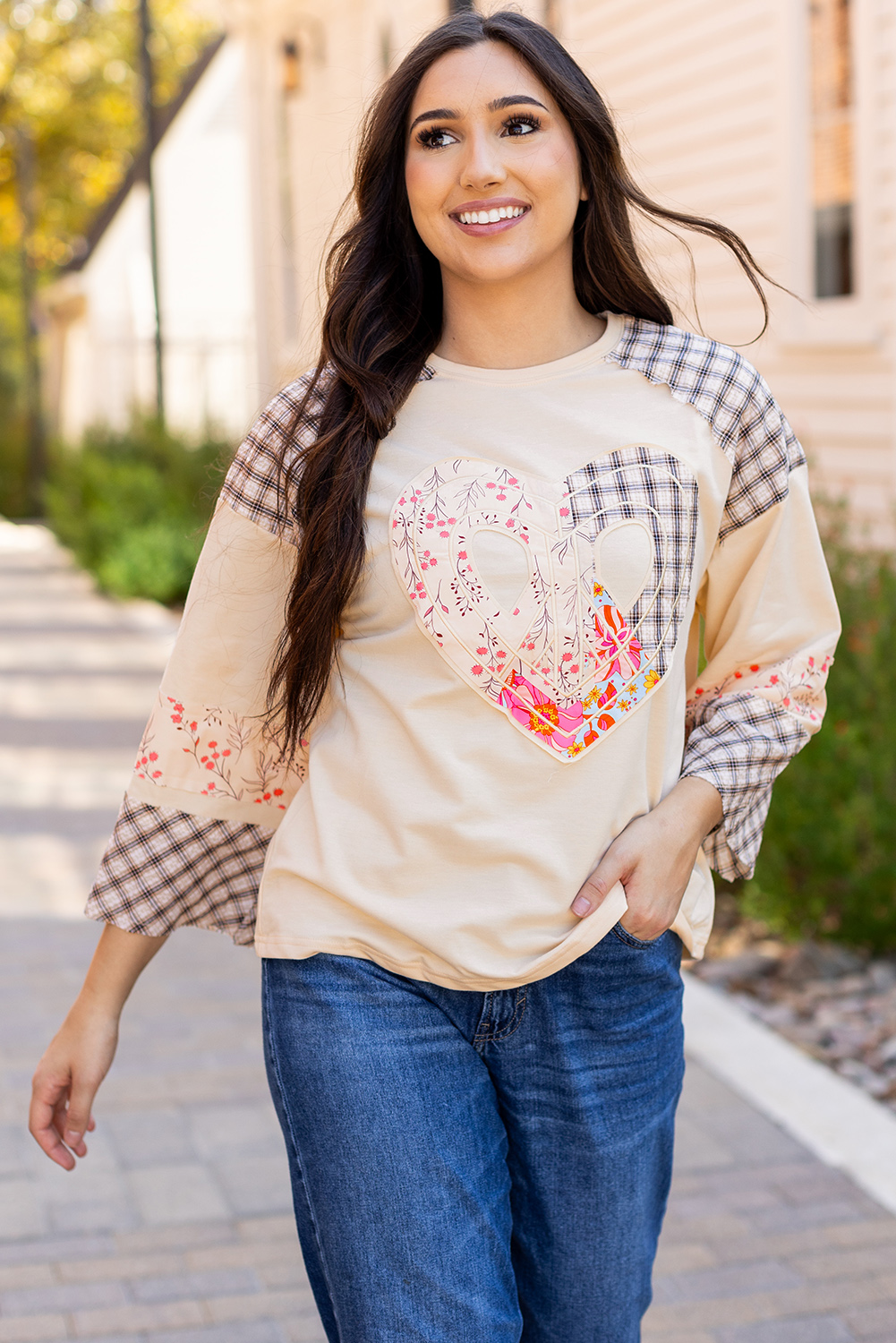 Beige Flower Patch Graphic Exposed Seam Wide Sleeve Top - loveforevers