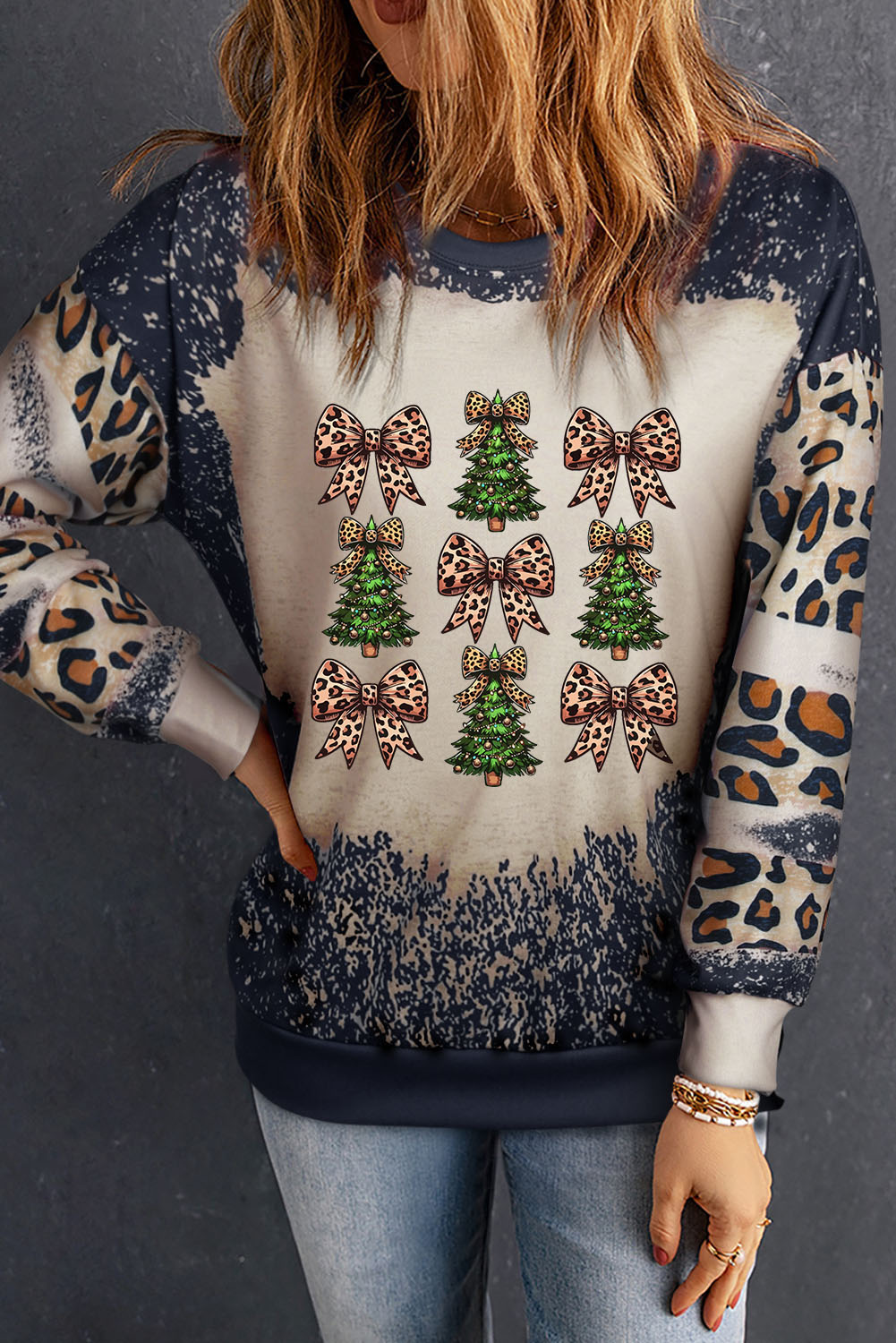 Black Leopard Bow Christmas Tree Printed Tie Dye Bleached Baggy Sweatshirt - loveforevers