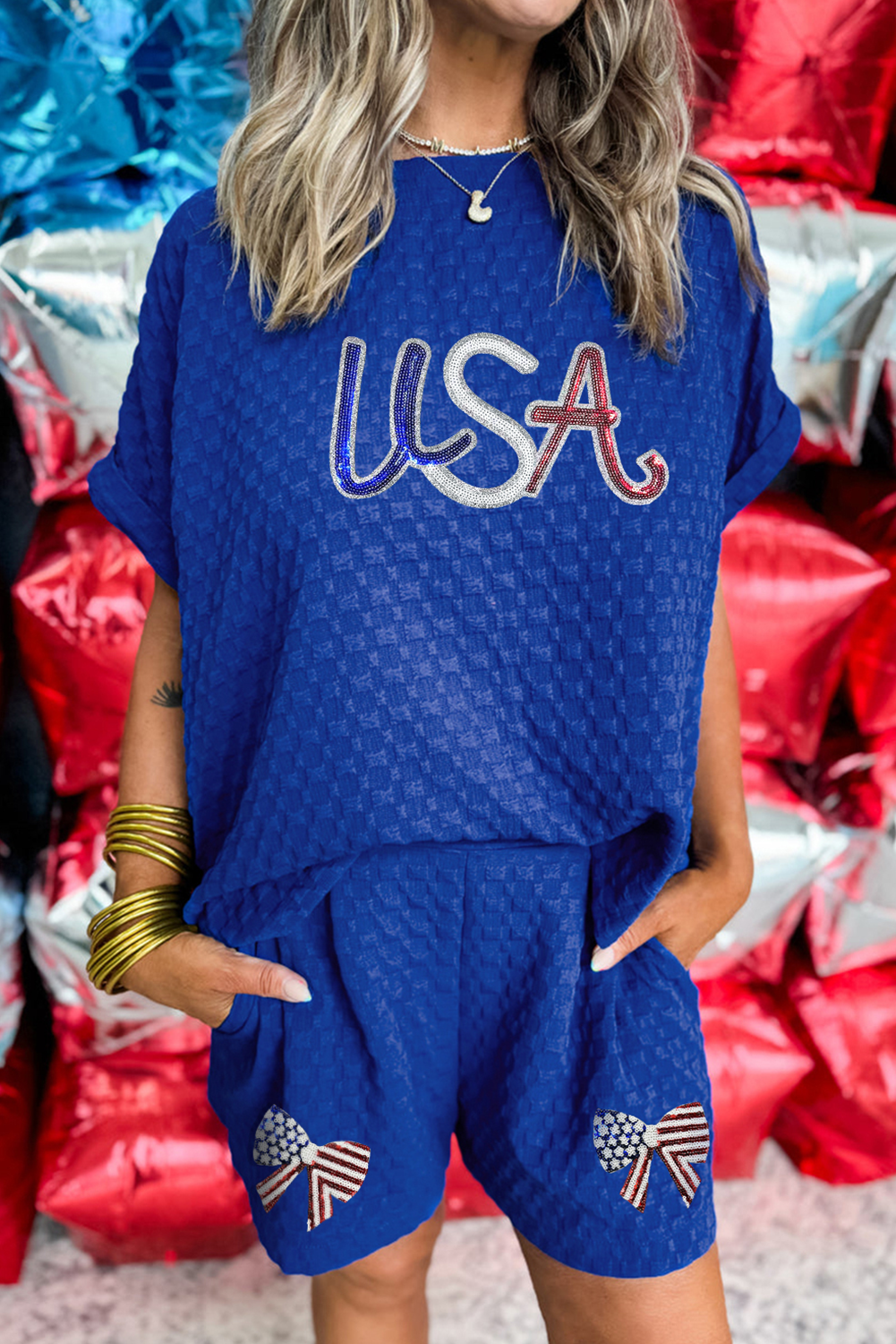 Sky Blue Sequined USA Bowknot Buttoned Back Textured Short Set - loveforevers