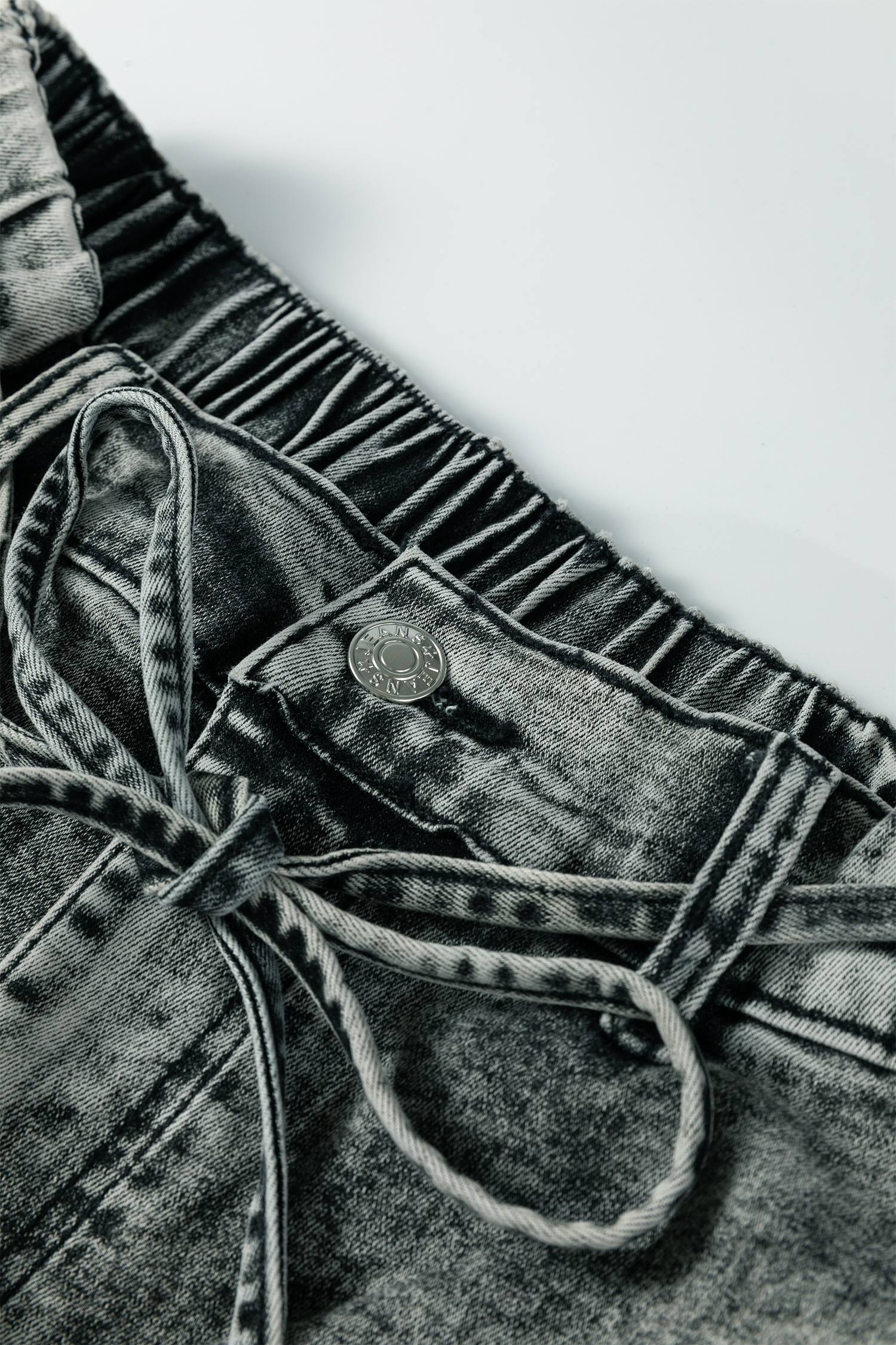Smoke Gray Acid Wash Barrel Fit Denim Pants with Waist String - loveforevers