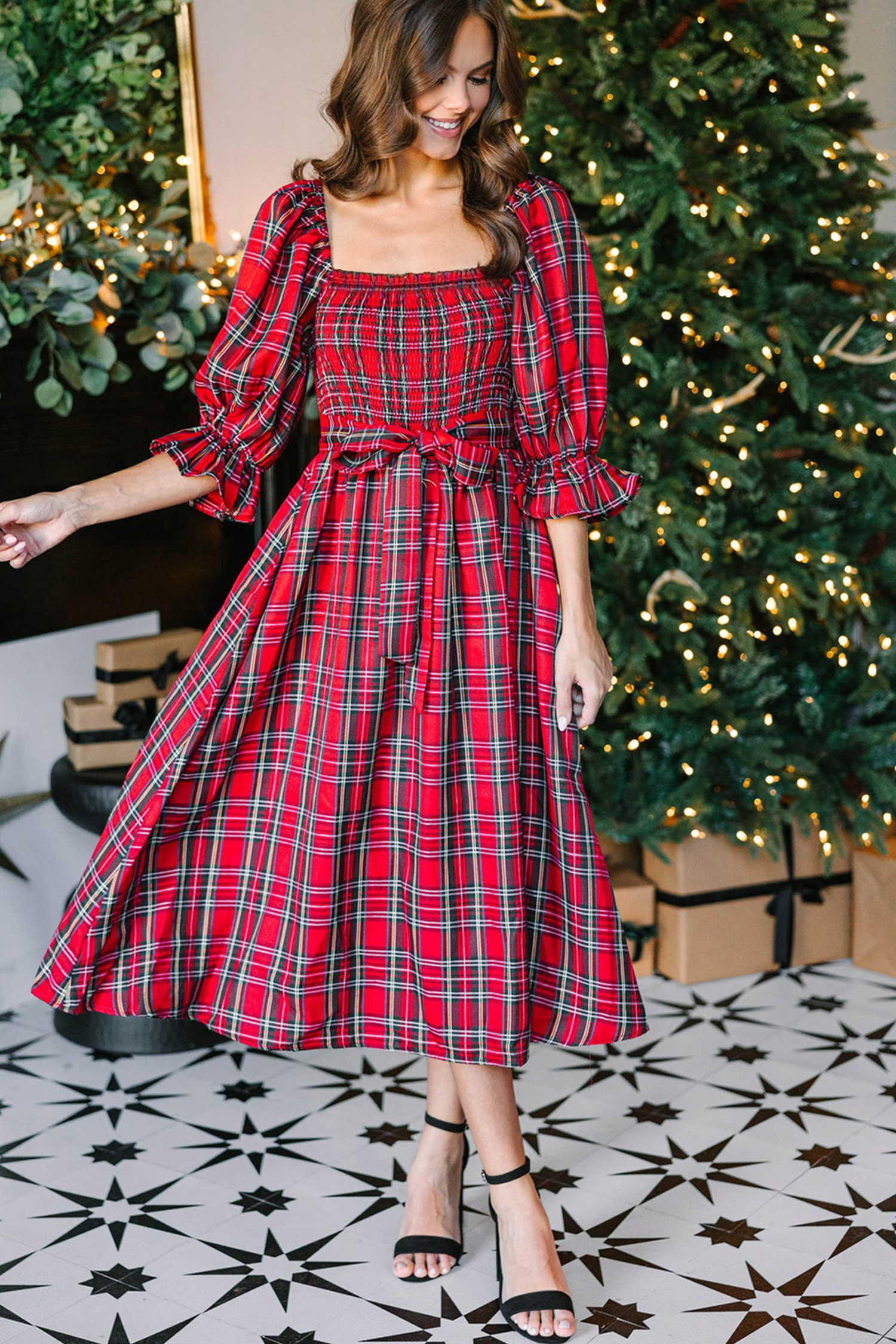 Red Tartan Plaid Square Neck Puff Sleeve Knot Waist Flared Midi Dress - loveforevers
