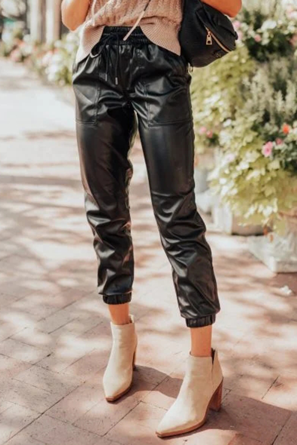 Black Faux Leather Ankle Smocked Waist Drawstring Joggers - loveforevers